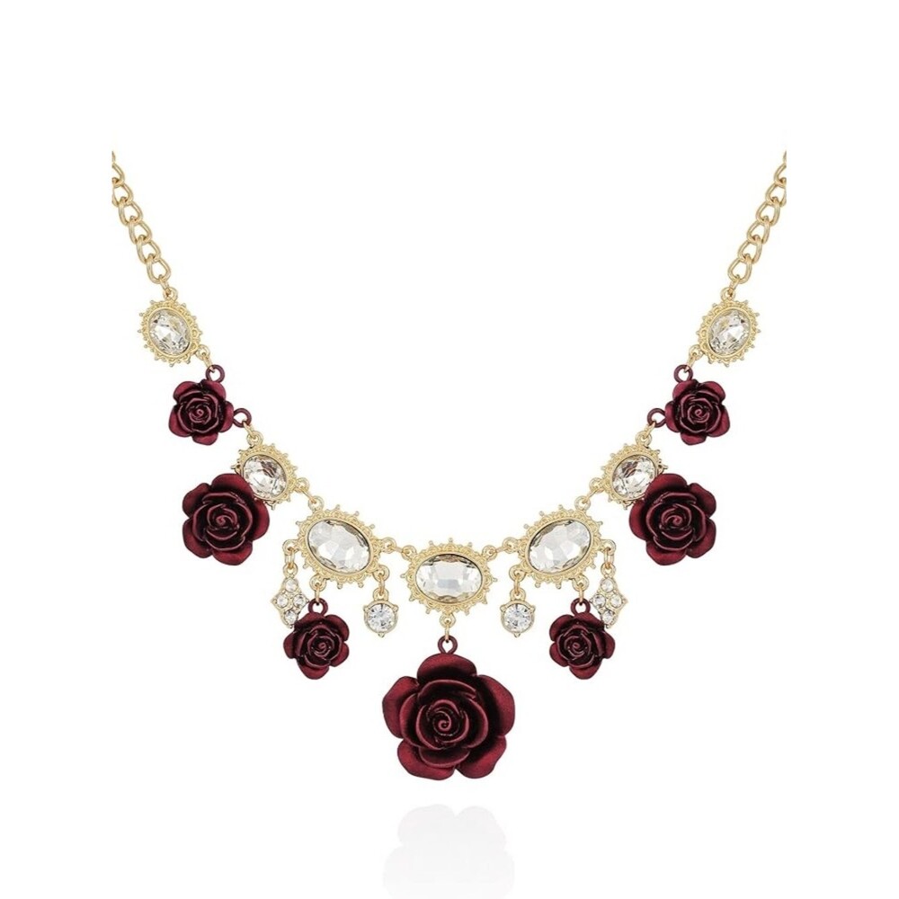 GUESS Gold-Tone Necklace  Burgundy Rose Accents  Clear Stones necklace